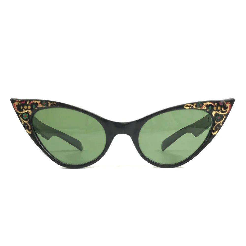 Vintage Sunglasses Black Gold Red Filigree Cat Eye Frames with Green Lenses